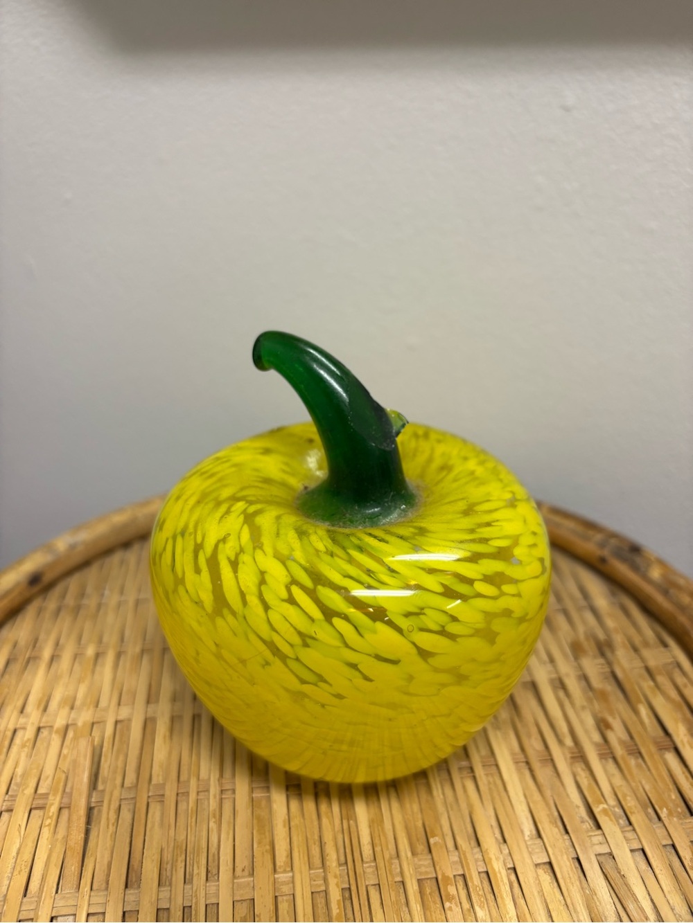 Handblown Yellow Glass Apple/Pepper Sculpture with Green Stem